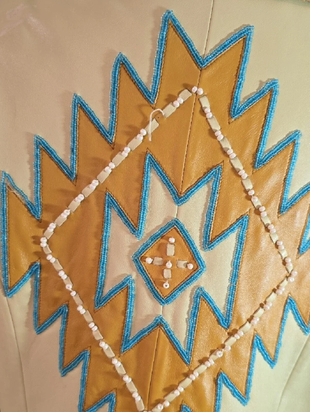 Fringed Pale Yellow Faux Leather Jacket with Turquoise Trim - Picture 11 of 15
